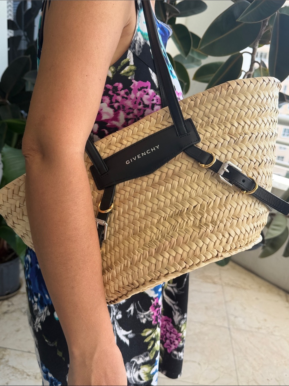 Givenchy Natural Straw Basket Tote with Black Leather Accents - Picture 4 of 5